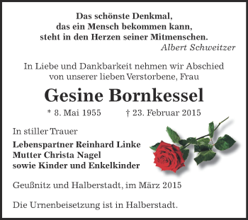 Traueranzeige von Gesine Bornkessel von Super Sonntag Zeitz