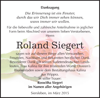Traueranzeige von Roland Siegert von Mitteldeutsche Zeitung Mansfelder Land