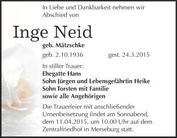 Traueranzeige von Inge Neid von Super Sonntag Merseburg
