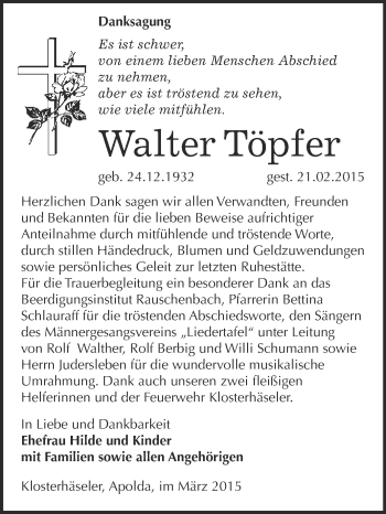 Traueranzeige von Walter Töpfer von WVG - Wochenspiegel NMB / WSF / ZTZ