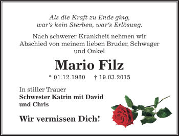 Traueranzeige von Mario Filz von Mitteldeutsche Zeitung Bernburg