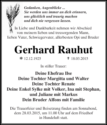 Traueranzeige von Gerhard Rauhut von WVG - Wochenspiegel Dessau / Köthen