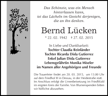 Traueranzeige von Bernd Lücken von WVG - Wochenspiegel Dessau / Köthen