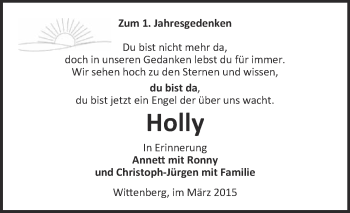 Traueranzeige von Holly  von Super Sonntag Wittenberg