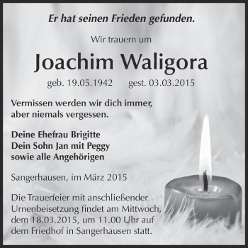 Traueranzeige von Joachim Waligora von WVG - Wochenspiegel SGH
