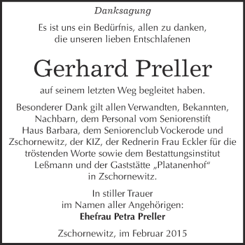 Traueranzeige von Gerhard Preller von WVG - Wochenspiegel Wittenberg