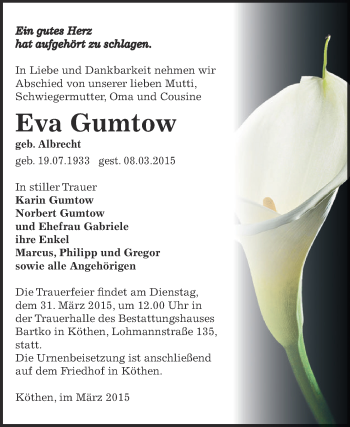 Traueranzeige von Eva Gumtow von WVG - Wochenspiegel Dessau / Köthen