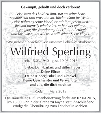 Traueranzeige von Wilfried Sperling von Super Sonntag Zeitz