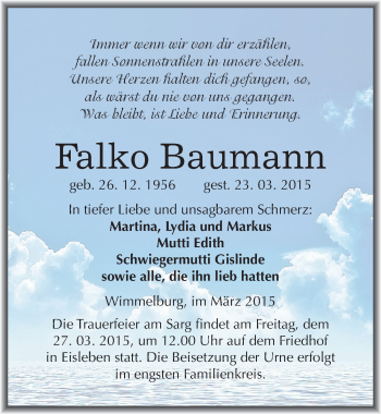 Traueranzeige von Falko Baumann von Mitteldeutsche Zeitung Mansfelder Land