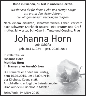 Traueranzeige von Johanna Horn von Super Sonntag Zeitz