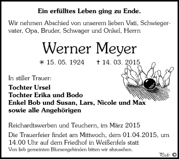 Traueranzeige von Werner Meyer von WVG - Wochenspiegel NMB / WSF / ZTZ
