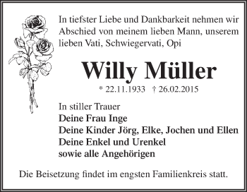 Traueranzeige von Willy Müller von WVG - Wochenspiegel Dessau / Köthen