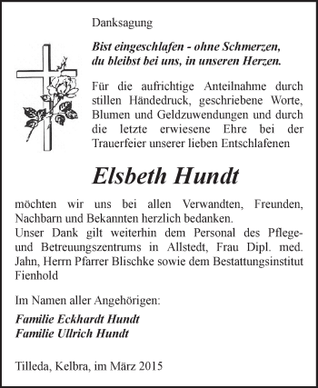 Traueranzeige von Elsbeth Hundt von Super Sonntag SGH Mansf. Land