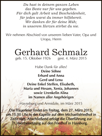 Traueranzeige von Gerhard Schmalz von Super Sonntag Zeitz