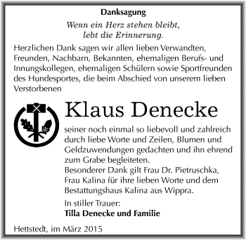 Traueranzeige von Klaus Denecke von Mitteldeutsche Zeitung Mansfelder Land