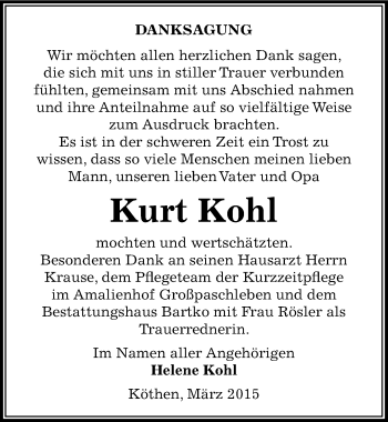 Traueranzeige von Kurt Kohl von Mitteldeutsche Zeitung Köthen