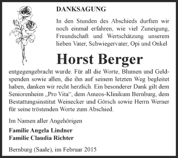 Traueranzeige von Horst Berger von Super Sonntag Bernburg