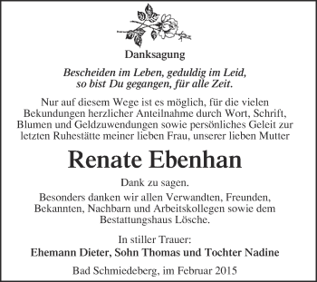 Traueranzeige von Renate Ebenhan von WVG - Wochenspiegel Wittenberg