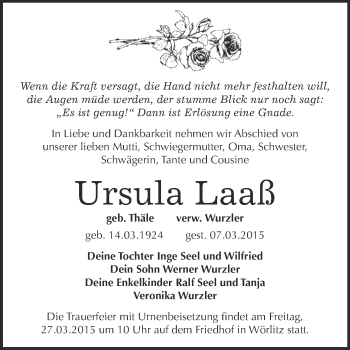 Traueranzeige von Ursula Laaß von Super Sonntag Wittenberg