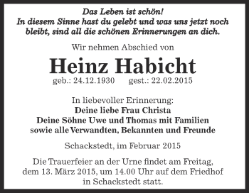 Traueranzeige von Heinz Habicht von Super Sonntag Aschersleben