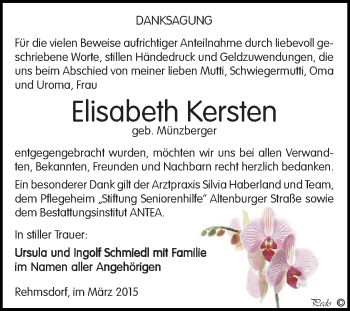 Traueranzeige von Elisabeth Kersten von Super Sonntag Zeitz