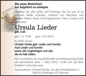 Traueranzeige von Ursula Lieder von Super Sonntag Aschersleben