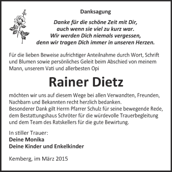 Traueranzeige von Rainer Dietz von Super Sonntag Wittenberg