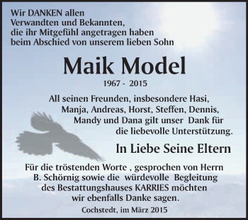 Traueranzeige von Maik Model von WVG - Wochenspiegel Quedlinburg