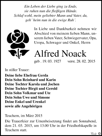 Traueranzeige von Alfred Noack von WVG - Wochenspiegel NMB / WSF / ZTZ