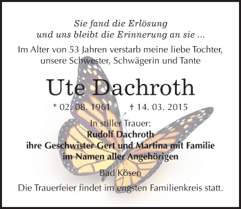 Traueranzeige von Ute Dachroth von Mitteldeutsche Zeitung Naumburg/Nebra