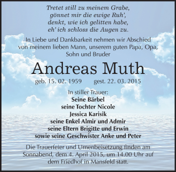 Traueranzeige von Andreas Muth von Mitteldeutsche Zeitung Mansfelder Land