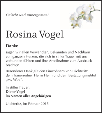 Traueranzeige von Rosina Vogel von WVG - Wochenspiegel NMB / WSF / ZTZ