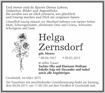 Traueranzeige von Helga Zernsdorf von WVG - Wochenspiegel Merseburg