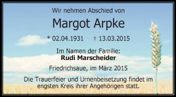 Traueranzeige von Margot Arpke von Super Sonntag Aschersleben
