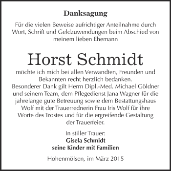 Traueranzeige von Horst Schmidt von WVG - Wochenspiegel NMB / WSF / ZTZ
