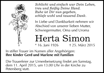 Traueranzeige von Herta Simon von Mitteldeutsche Zeitung Halle/Saalkreis
