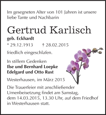 Traueranzeige von Gertrud Karlisch von Mitteldeutsche Zeitung Quedlinburg