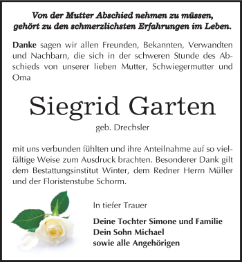 Traueranzeige von Siegrid Garten von Mitteldeutsche Zeitung Bitterfeld