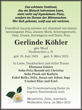 Traueranzeige von Gerlinde Köhler von Super Sonntag Zeitz