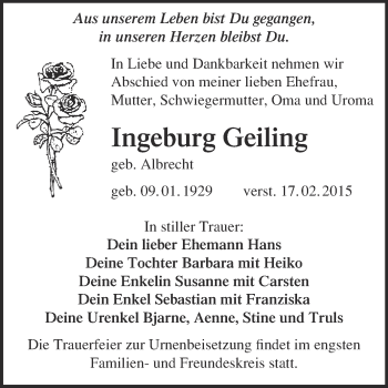 Traueranzeige von Ingeburg Geiling von WVG - Wochenspiegel NMB / WSF / ZTZ