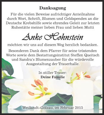 Traueranzeige von Anke Hohnstein von WVG - Wochenspiegel Dessau / Köthen