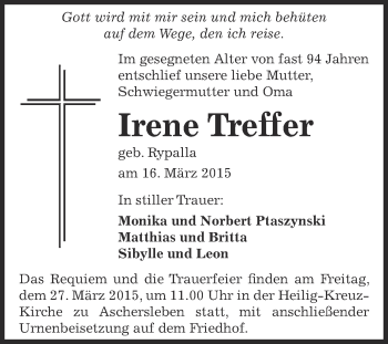 Traueranzeige von Irene Treffer von Super Sonntag Aschersleben