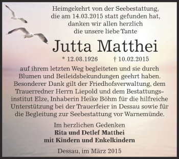 Traueranzeige von Jutta Matthei von WVG - Wochenspiegel Dessau / Köthen