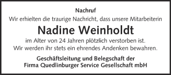 Traueranzeige von Nadine Weinholdt von Super Sonntag Quedlinburg