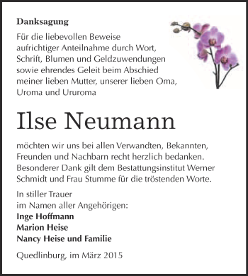 Traueranzeige von Ilse Neumann von WVG - Wochenspiegel Quedlinburg