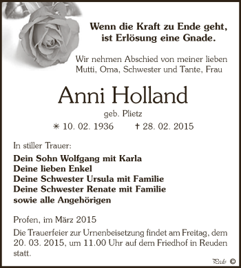 Traueranzeige von Anni Holland von Super Sonntag Zeitz