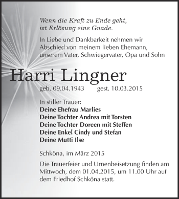 Traueranzeige von Harri Lingner von WVG - Wochenspiegel Wittenberg
