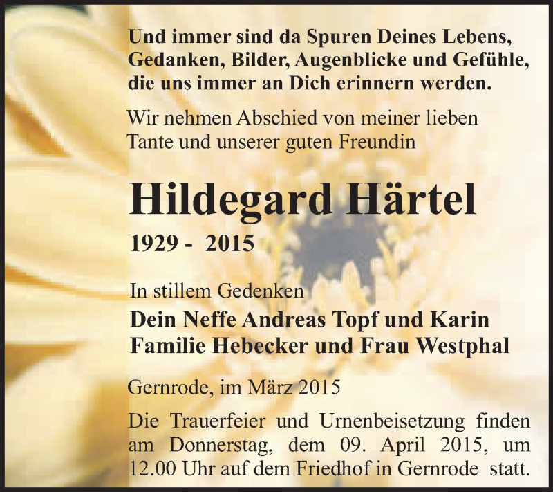  Traueranzeige für Hildegard Härtel vom 29.03.2015 aus WVG - Wochenspiegel Quedlinburg