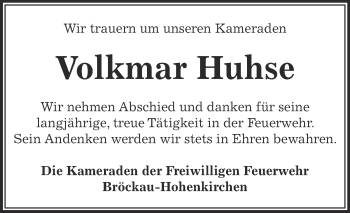 Traueranzeige von Volkmar Huhse von Super Sonntag Zeitz