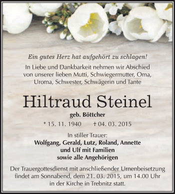 Traueranzeige von Hiltraud Steinel von WVG - Wochenspiegel Merseburg